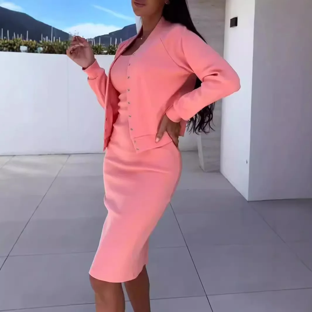 2026 Autumn Winter New Halter Skirt Cardigan Coat Top Two Piece Women's Fashion Bag Buttock Slim Elegant Female Office Dress Set view 2