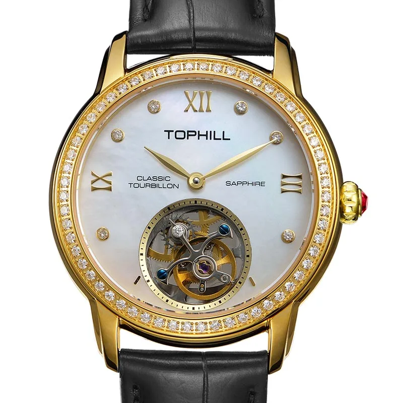 TOPHILL Luxury Automatic Tourbillon Watches 19Zuan Diamond Hollow Movement Mechanical Wristwatch Lady Sapphire Waterproof TU003L