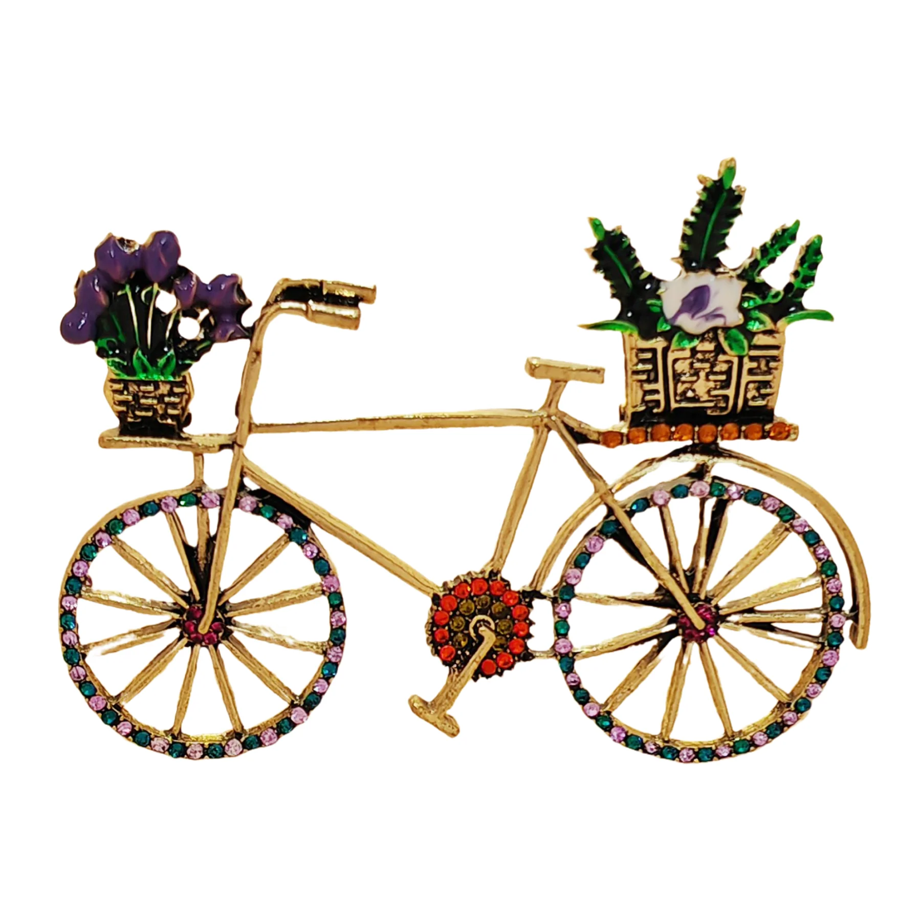 

Stunning Vintage Metallic Women Bike Brooch with Enamel Flower Basket