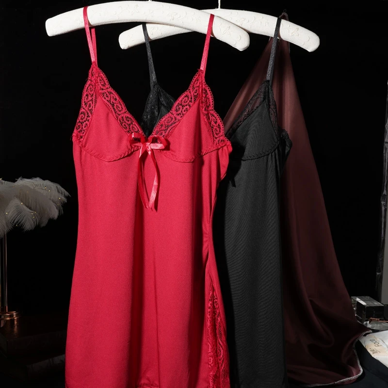 Women's High Slit Lace-Edged Nightgown Sexy Bow Spaghetti Strap Dress Comfortable Seductive Women's Home Wear Lingerie
