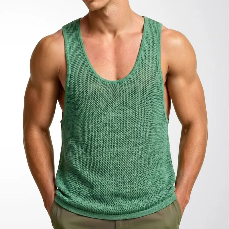 KIDWHXR Summer Man Knitted Vest American Thin Breathable Sleeveless Men Top Slim Hollow Out Fitness Sport Male Tank Tops