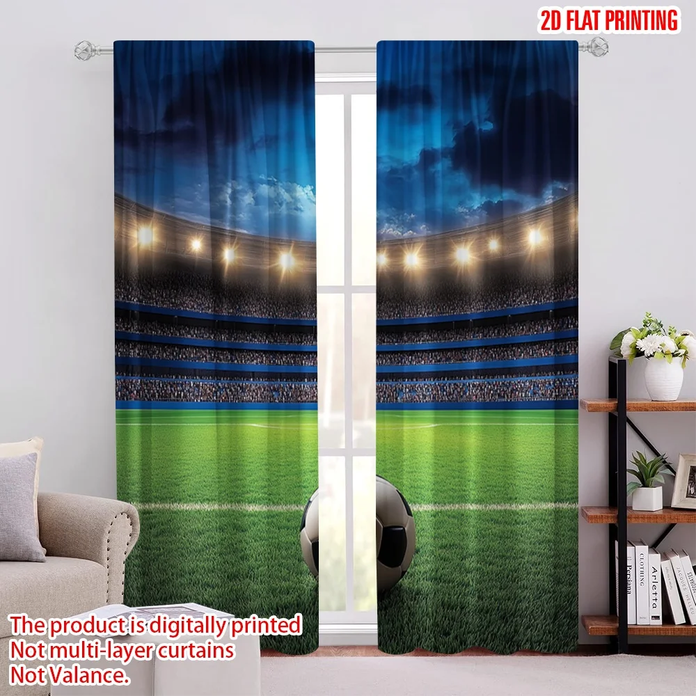 

2Pcs 2D flat printingSports Curtains Soccer Ball On A Stadium Arena In The Night With Fans Cheering On The Green Field Suitable