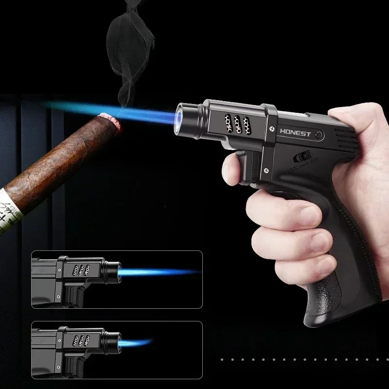 HONEST forte puissance de feu coupe-vent flamme bleue pistolet de soudage briquet à gaz verrouillage de sécurité interrupteur d'incendie barbecue en plein air cuisine briquets à cigares