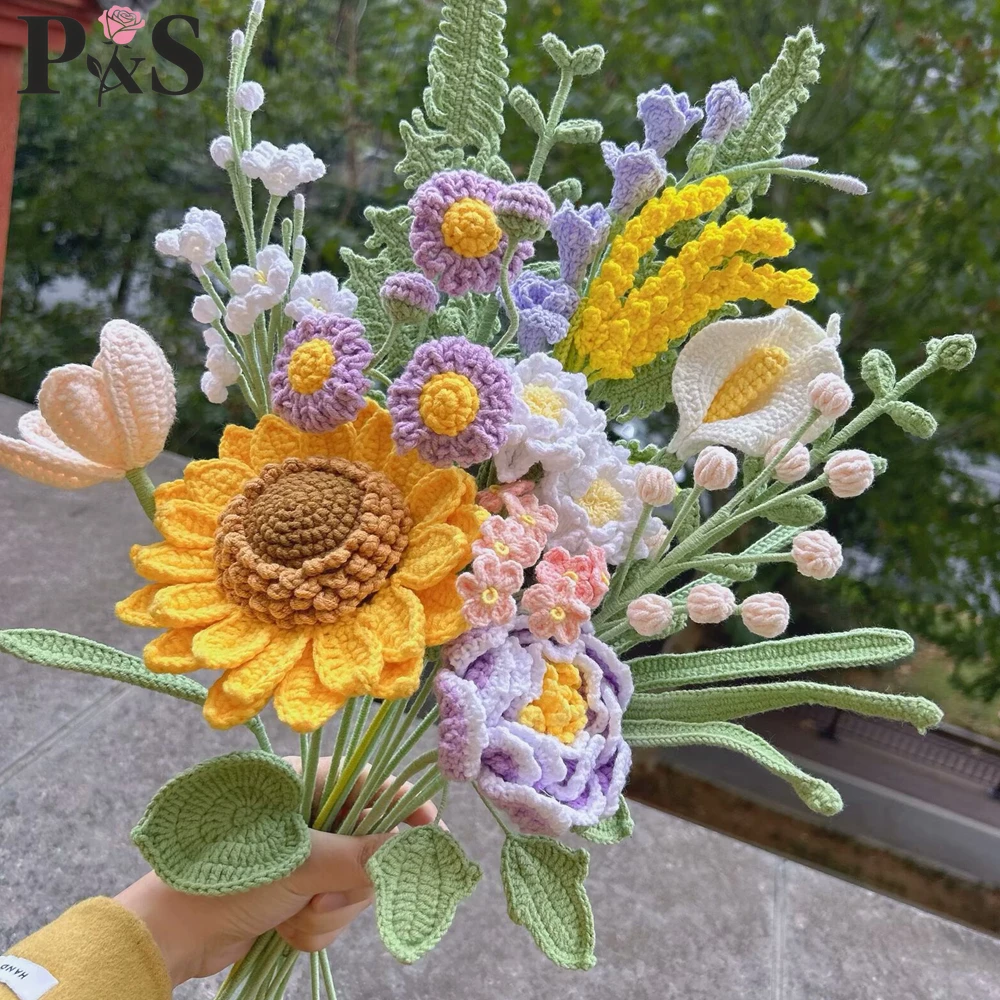 

Вязаные крючком цветы букет ручной работы искусственные цветы фиолетовый подсолнух Дейзи Гардения украшения комнаты подарки для любителей учителей