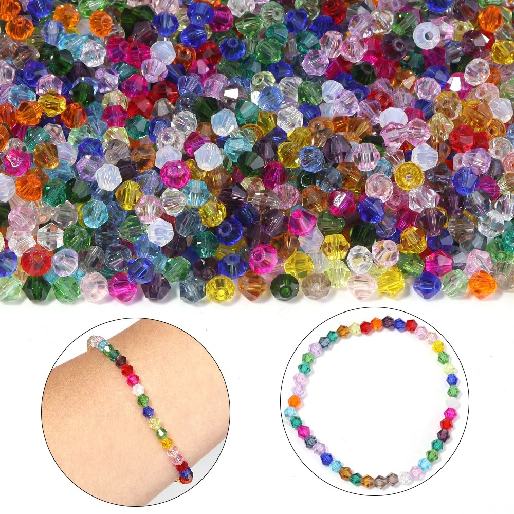 200pcs 4MM Shiny Faceted Austria Crystal Beads Bicone Beads Loose Spacer Glass Beads for Ornament Making DIY Needlework Beading