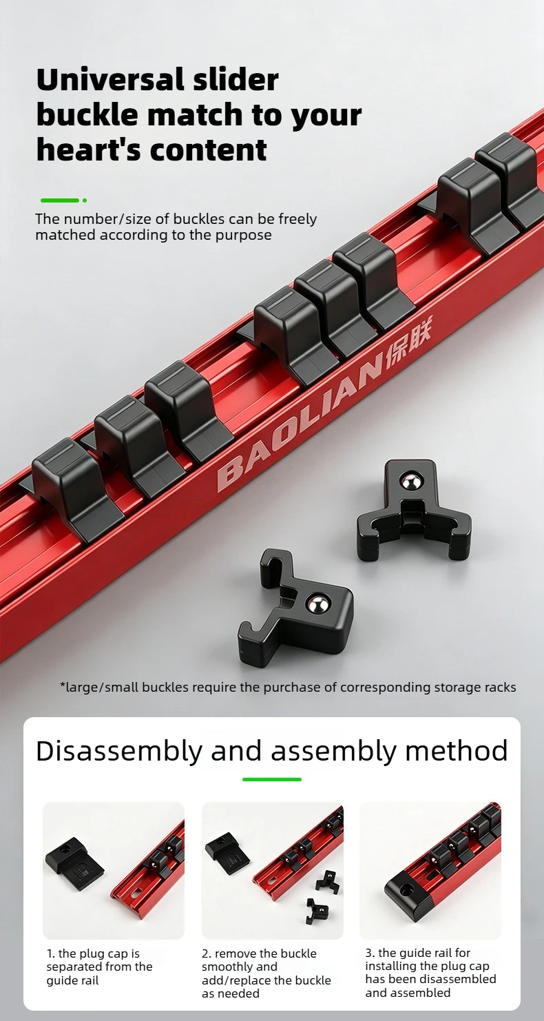 1/2" 3/8" 1/4" Steckschlüssel-Organizer-Rack, PVC-Gleitschiene mit Anti-Rutsch-Stahlkugelklammern, Modulare Kombi-Ablage, Garagen-Essentials – Detail 11