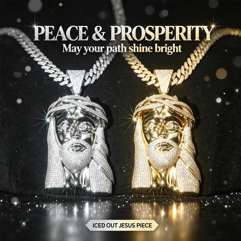 Large Iced Out Jesus Head Pendant Hip Hop Streetwear Cuban Chain Religious Blessed Amulet Shiny Statement Fine Jewelry Gifts for Men Boy Friends Rapper Nightclub 18K Gold Silver Plated Micro Pave Cubic Zirconia Full Bling Jesus Design Charm Men