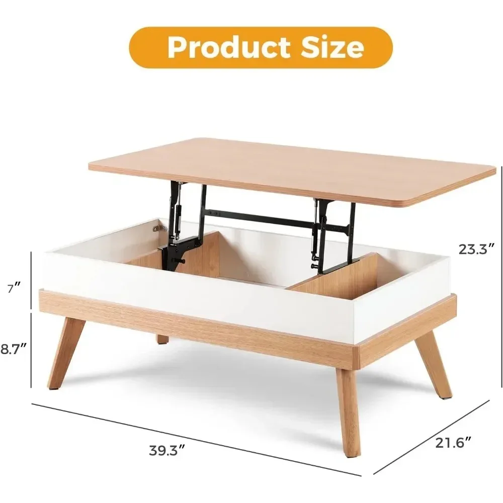 Mesa central de centro elevatória com compartimento de armazenamento oculto, mesa de jantar para recepção de sala de estar/escritório doméstico, carvalho