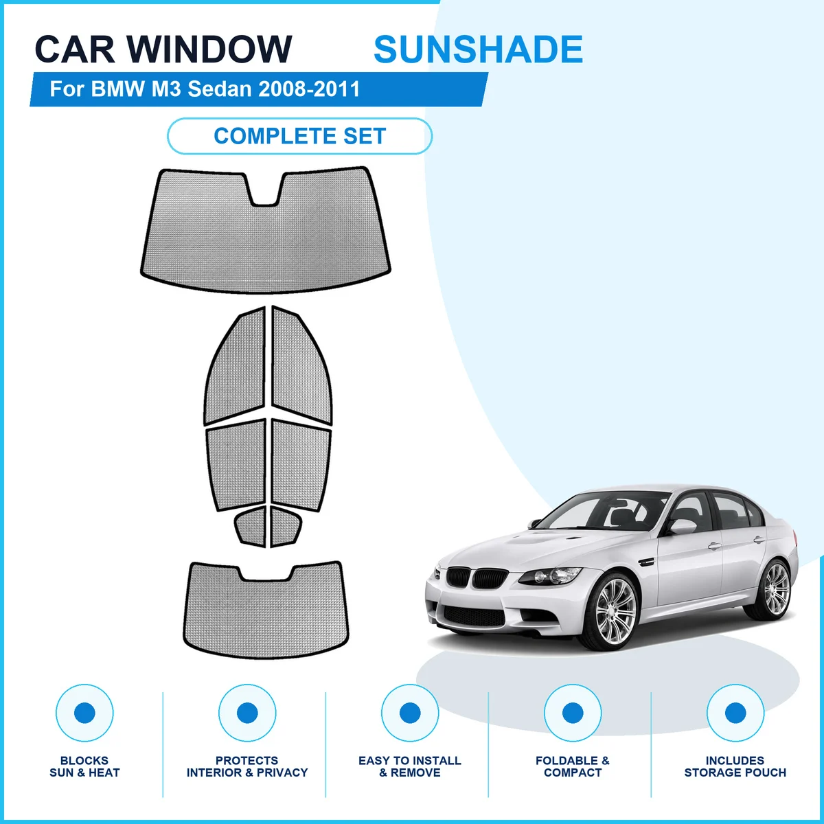 For BMW M3 Sedan 2008-2011 Custom Full Set Window Sunshades Aluminum Foil Suction Cup Anti UV Privacy