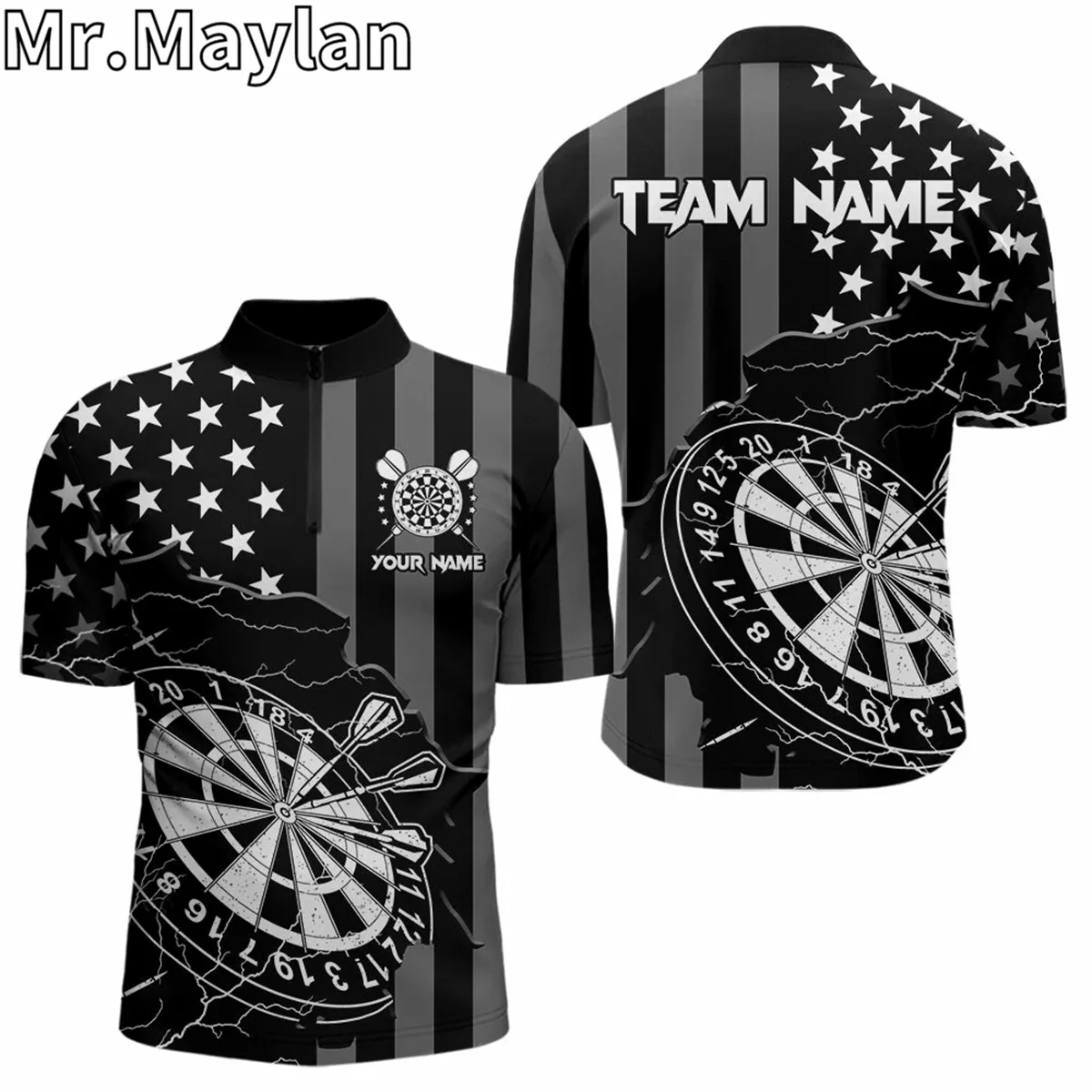 

3D Personalized Black American Flag Zipper Polo Shirt Men's Thunder Dart Team Jersey Gift for Darts Players