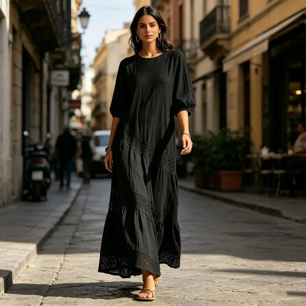Polyester Dress Women Women Dress Summer Maxi Dress for Women Loose Eyelets Half Sleeve Flowy A-line Beach Sundress Lightweight