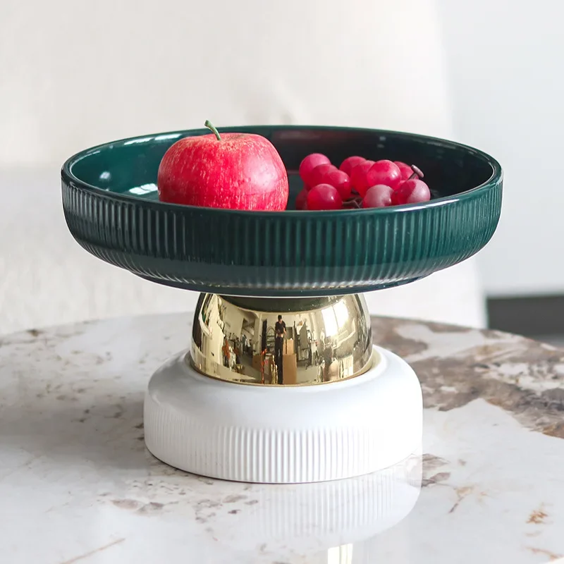 Pink Striped Ceramic Fruit Plate, Gold High Footed Dessert Plate, Snacks, Vegetable Salad Bowl, Kitchen Storage Container