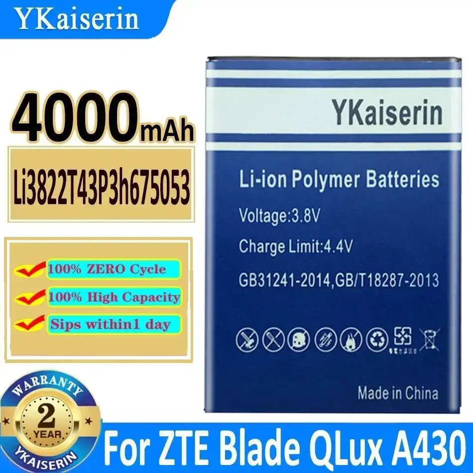 

Li3822t43p3h675053 For Zte Blade Qlux Q Lux A430 Mobile Phone Battery 4000Mah Reliable Power