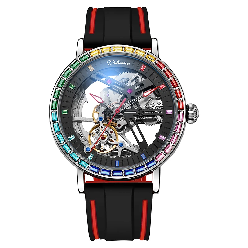 Dulunwe Tourbillon Men'S Watch, Set With Rainbow-Colored Gemstones, Waterproof Sports Watch, Automatic Mechanical Watch,
