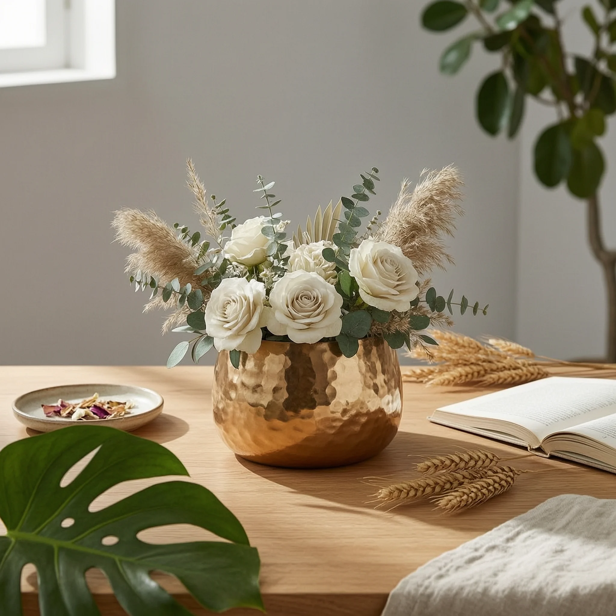 Sophisticated Hammered Iron Round Centerpiece Planter with Ring Handles Tabletop Planter for Floral and Greenery