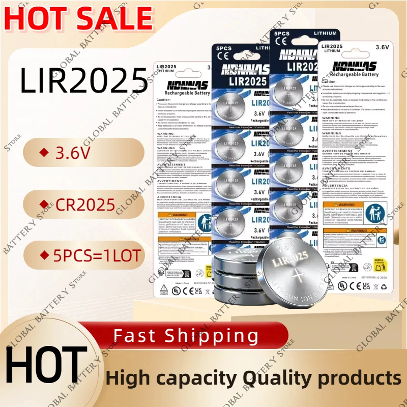 

LIR2025 3.6V Rechargeable Lithium Button Battery Replacement for CR2025 for Car Remote Watch Camera Clock Calculator