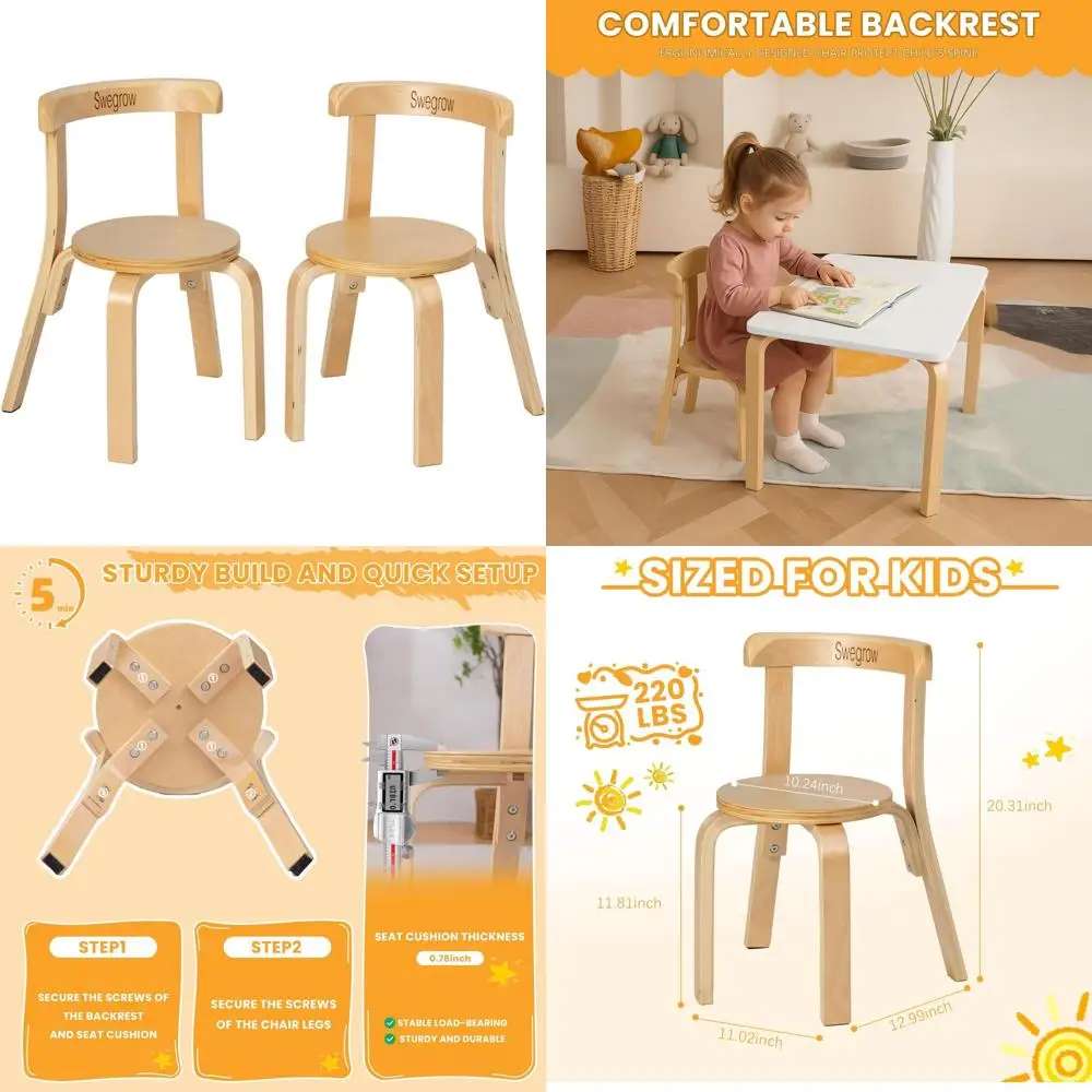 

Natural Wood Toddler Chair and Table Set for Kids, Stackable Chairs for Family Playroom or Classroom (Set of 2)
