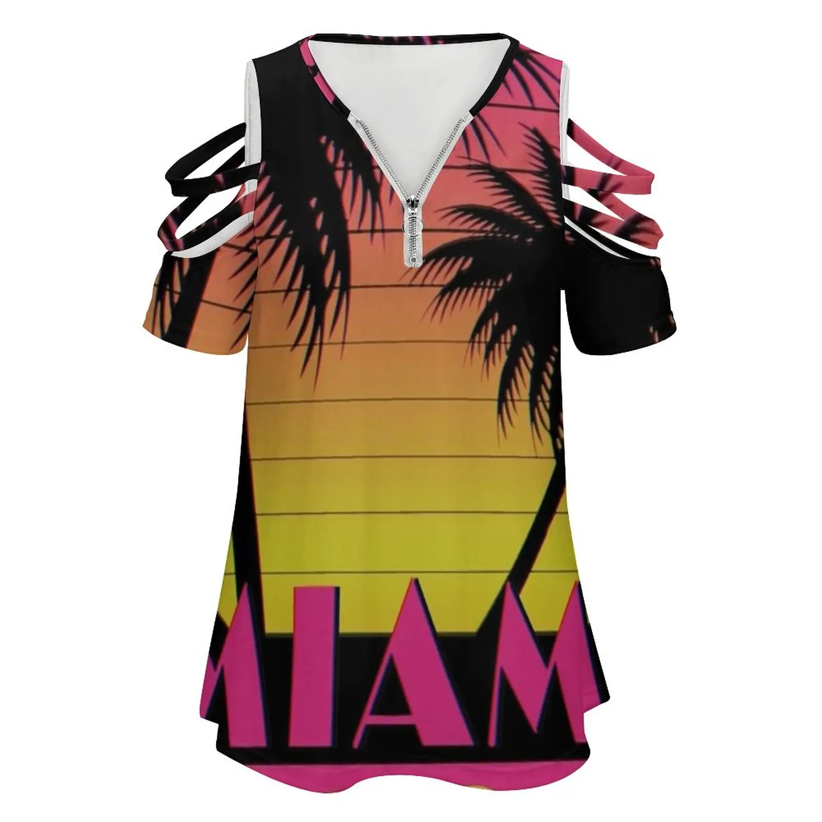 Miami Vice-80S Retro Effect Women'S T-Shirt Summer Fashion Print Floral V-Neck Zipper Tshirt Hollow Pullover Ladies Top Vhs