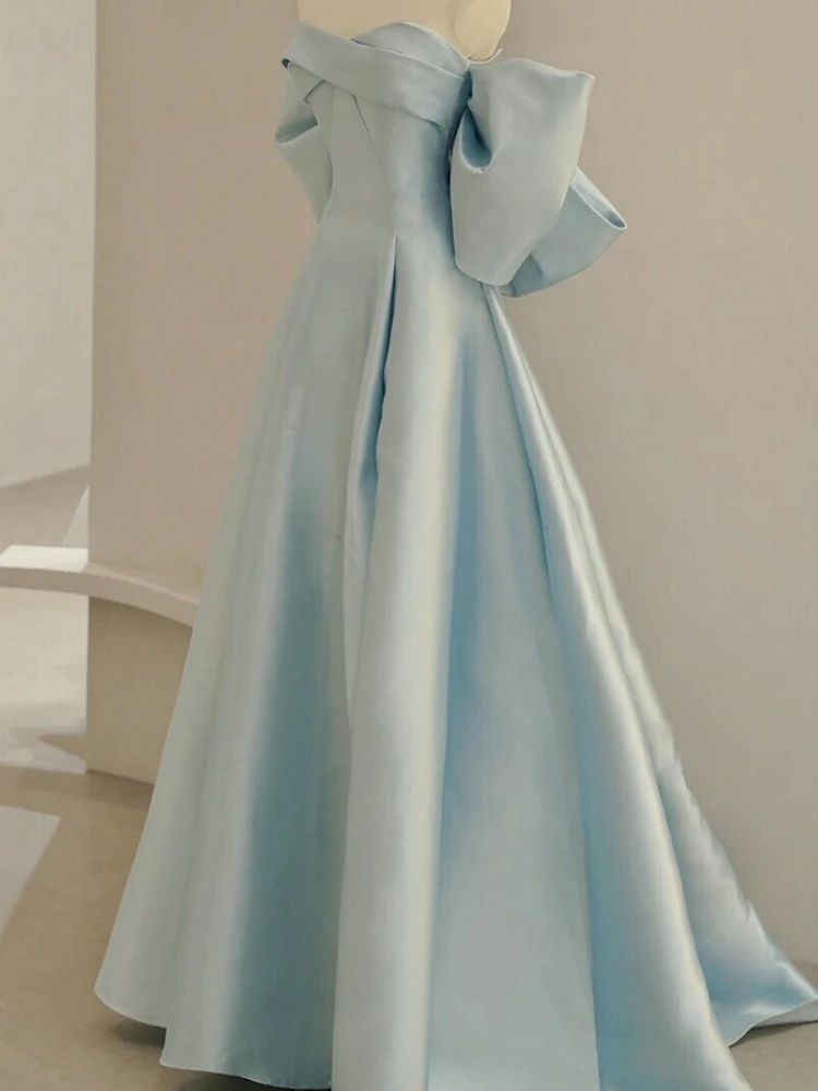 Simple Design Stock Sky Blue Evening Dresses Sweetheart Bow A Line Long Women Formal Occasion Wear Prom Wedding Party Dress Robe