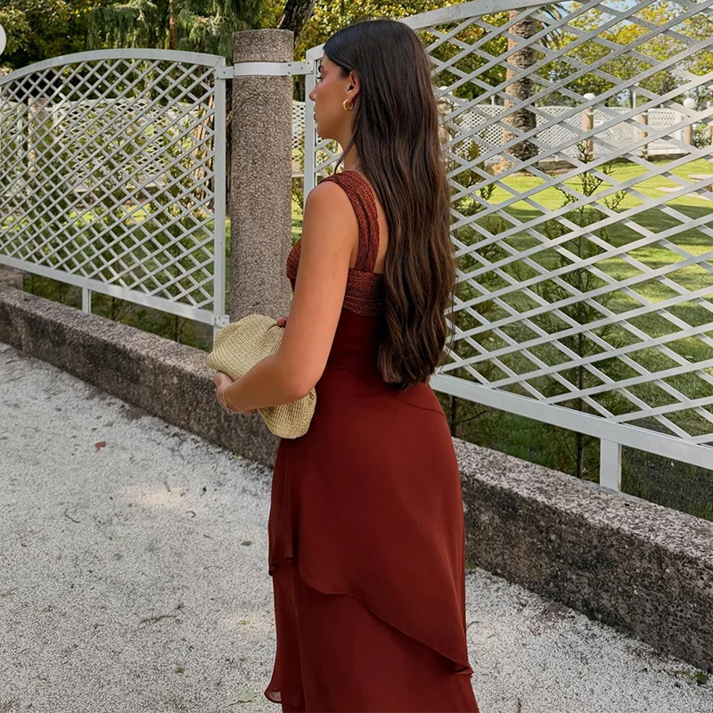 Neues 2026 Sommer Urban Patchwork Damen Maxikleid mit Kaskadenrüschen, schrägem Kragen und Empire-Schnitt – perfekt für den Urlaub – Detail 5
