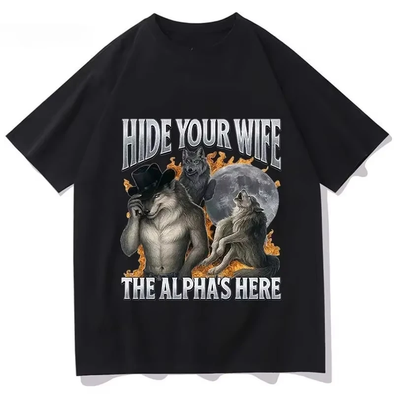 2026 Hide Your Wife, Alpha Werewolf Is Coming! Funny Werewolf Meme T-shirt Trendy Casual Hip-hop Men's Short-sleeved Y2K Top Tee