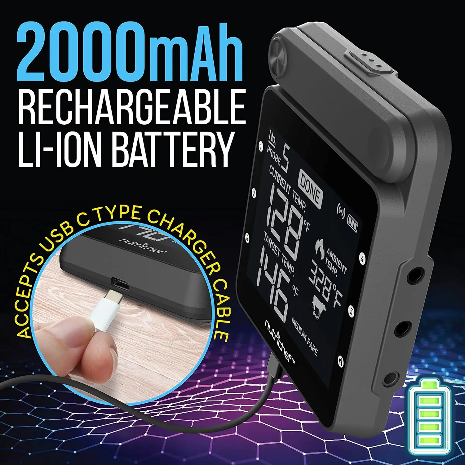 Термометр для мяса гриля NutriChef WiFi, беспроводные двойные интеллектуальные зонды, сигнализация в помещении от курильщика для барбекю на открытом воздухе,