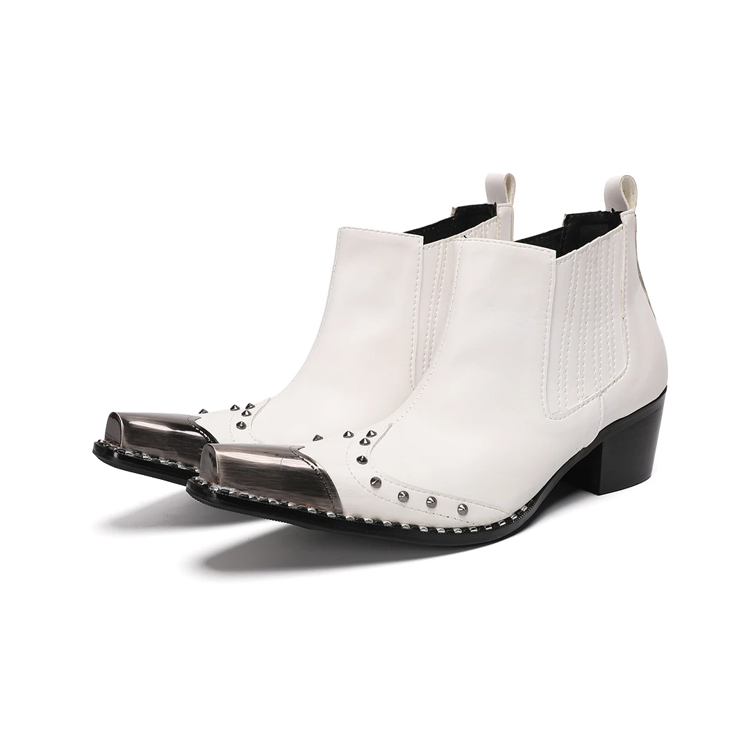 Pointy Toe genuine leather Chelsea Boots zipper Cuban Heel White rivets Ankle Boots Silver Cap Toe Western Cowboy Party Boots