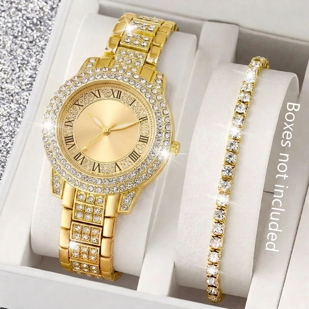 2PCS Fashion Rhinestone Women Watch Bracelet Set Steel Bracelet Strap Quartz Wristwatches Accessory Relogio Feminino（Without Box