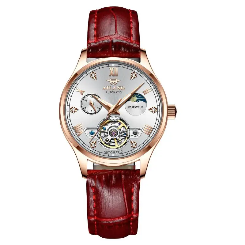 AILANG-8607L Men's Luxury Skeleton Automatic Watch Rose Gold Case Moon Phase Subdial Wine Red Leather Band Waterproof Unisex Wat