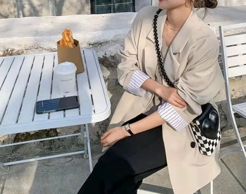 Women's Cardigan Coat 2025 Autumn Winter Latest Mid Length Double Breasted Casual Small Suit Loose Contrasting Color Suit Jacket