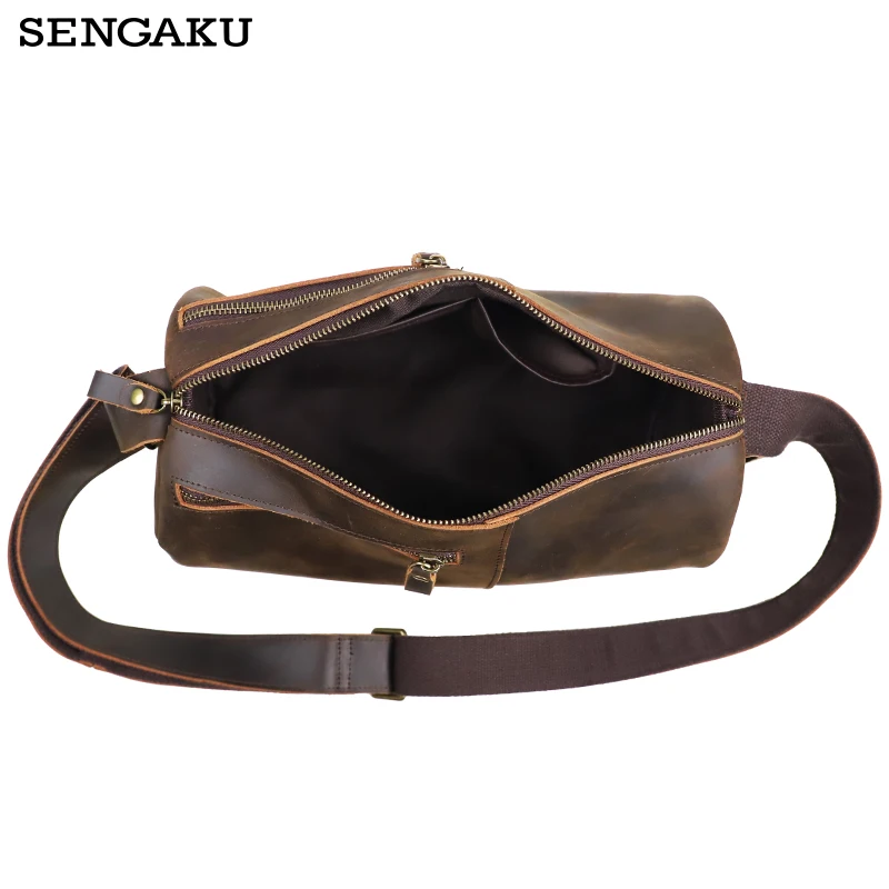 

Genuine Leather Cylindrical Crossbody Messenger Shoulder Bags Crazy Horse Leather Travel Hiking Daypack Chest Shoulder Pack Men
