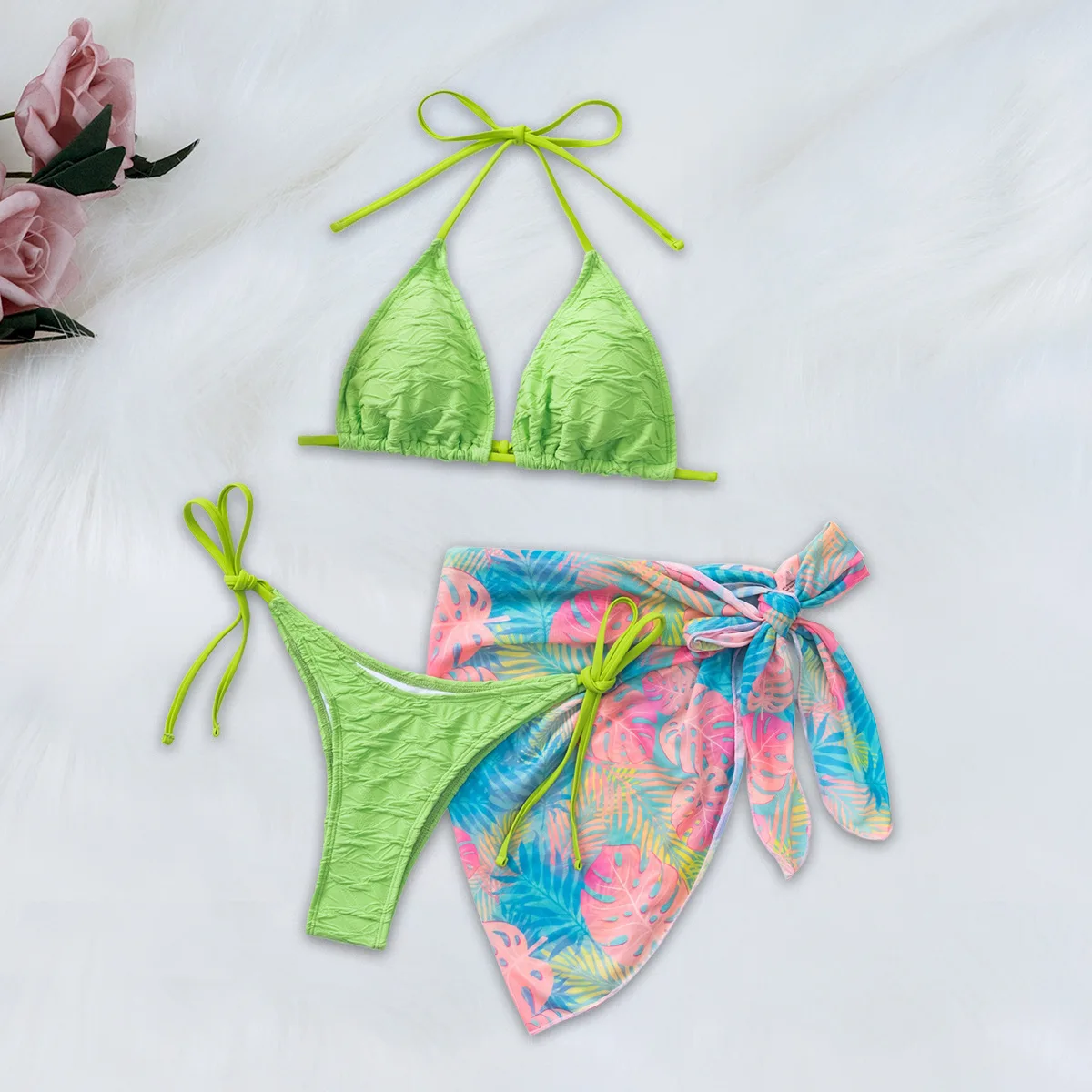 

Tropical print vacation style sexy hot bikini triangle cup three-piece bikini 2025 new