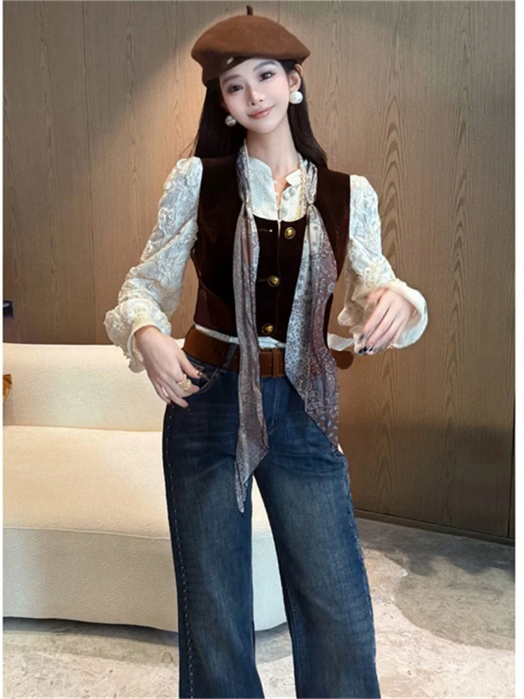 

Ele Vintage Women's Faion irt And Vest Set Spring New Sle High Waist Casual Wear Long Sve Sun Protection