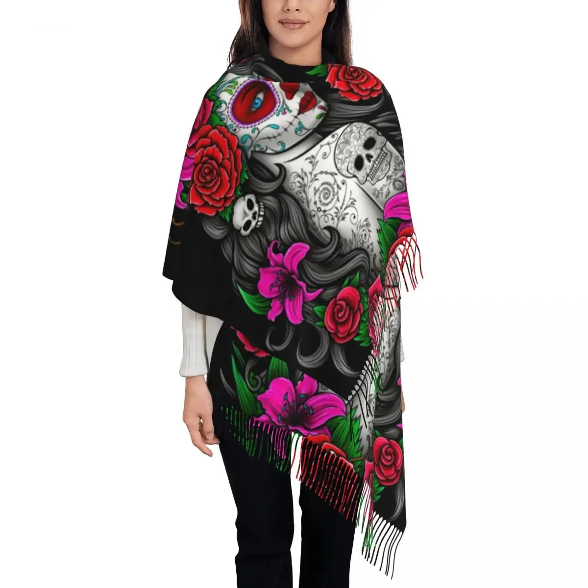 Custom Mexican Catrina Sugar Skull Tattoo Tassel Scarf Women Winter Fall Warm Shawls Wraps Lady Scarves