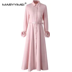 MARYYIMEI Autumn and winter Women's Dress Turn-Down Collar Long Sleeved Appliques Single-Breasted Young girls Dresses With Belt