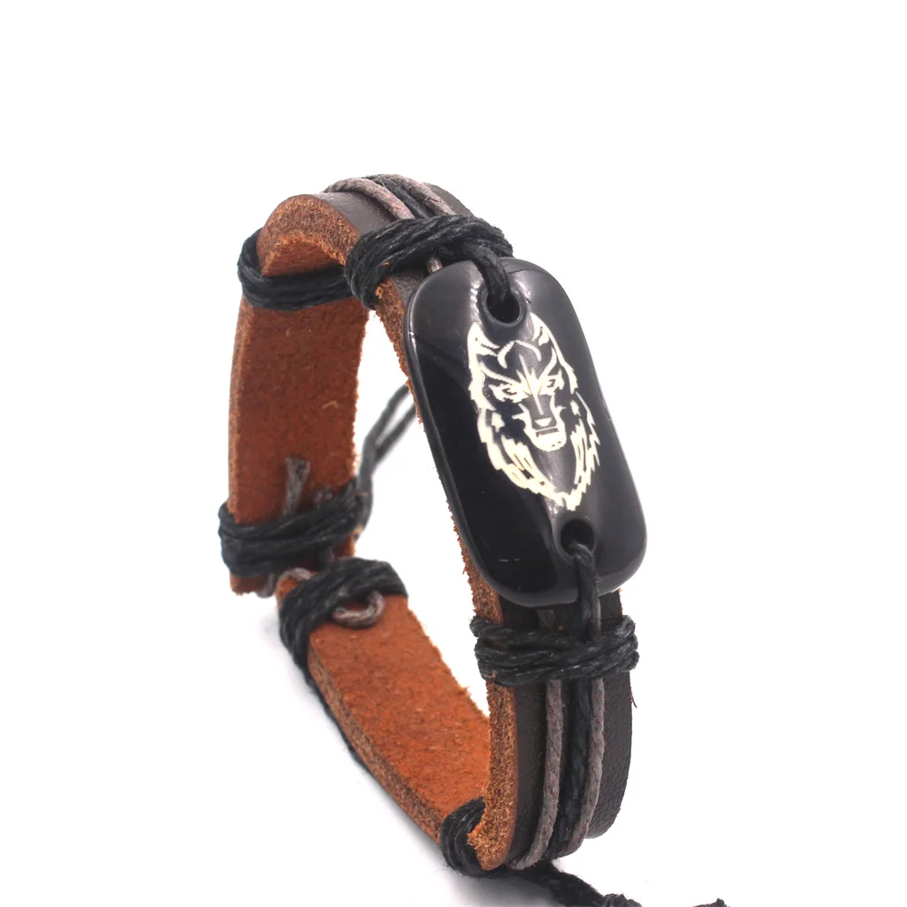 Cool Resin Wolf Bracelets for Men Hand-woven Leather Bracelet Hemp Wax Rope Surfer Bracelet Women Men's Jewelry Gifts