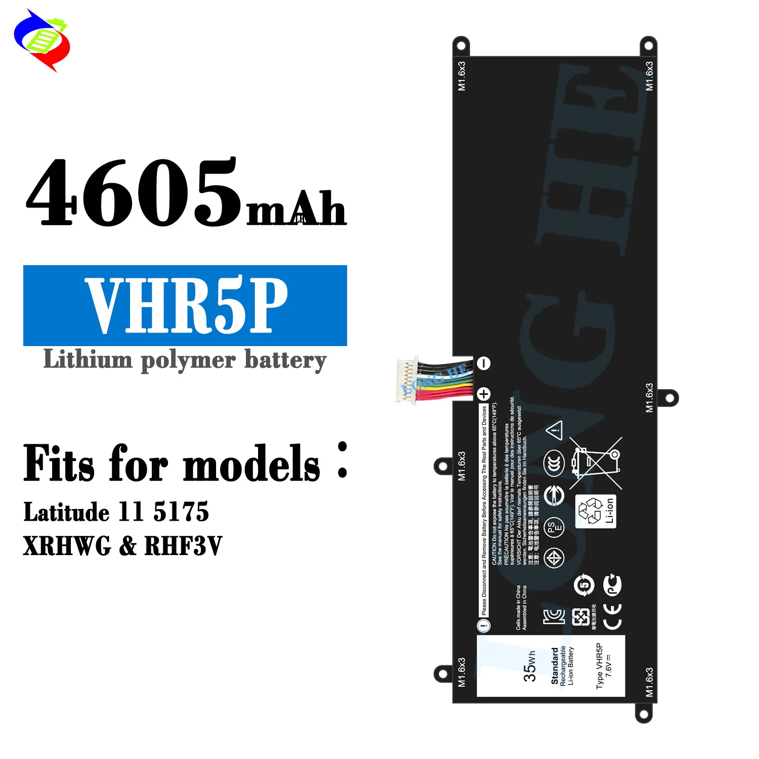 Batería para Portátil VHR5P Compatible con Dell Latitude 11 5175 5179 Series Tablet T04E XRHWG RHF3V 0RHF3V 0XRHWG, Batería de Repuesto