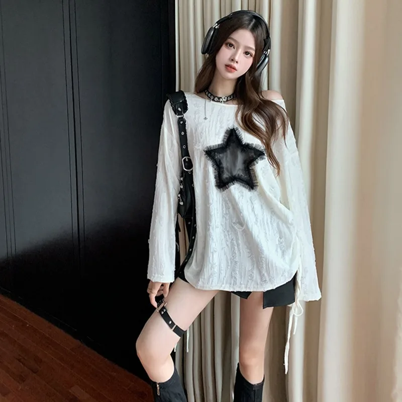 Harajuku Tshirts Fashion Tops Star Hollow Out Long Sleeve T Shirt Korean Kawaii Ropa Mujer Casual Y2k T-shirt Clothes for Teens