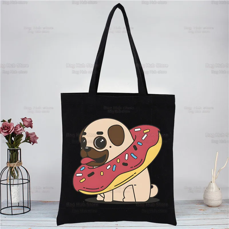 Pug Dog Tote Bag Shopping Original Design Black Unisex Travel Dug Life Bad Dog Canvas Bags Eco Foldable Shopper Bag