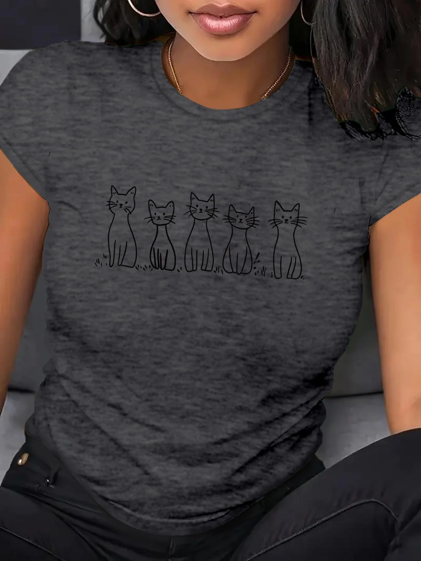 Cute Cartoon Cat Print Soft Casual Style Round Neck Short Sleeved Machine Washable Multi-color Optional Fun Pattern Top