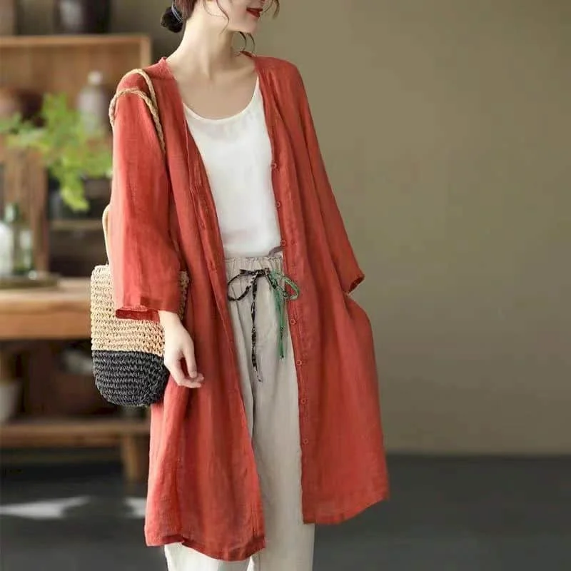 

100% Cotton Linen Shirts Fashion Women Blouse 2025 Mid Length Cardigan Summer New Vintage Loose Korean Style Women Office Tops