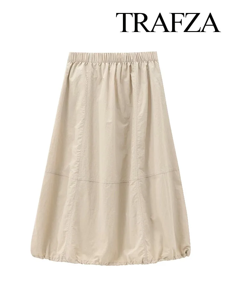 TRAFZA Autumn Women Fashion Vintage Long A-Line Skirt Female Chic Elegant Pockets Elastic Waist  Pleated Balloon Style Skirt