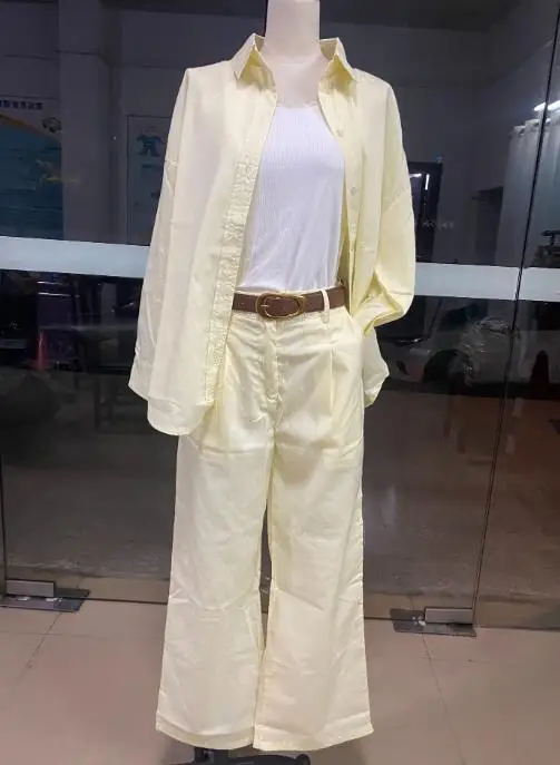 

2025 Fashion Cotton and Linen Loose Collared Shirt Jacket and High Waisted Straight Leg Pants Set, Autumn Women's Fashion Set