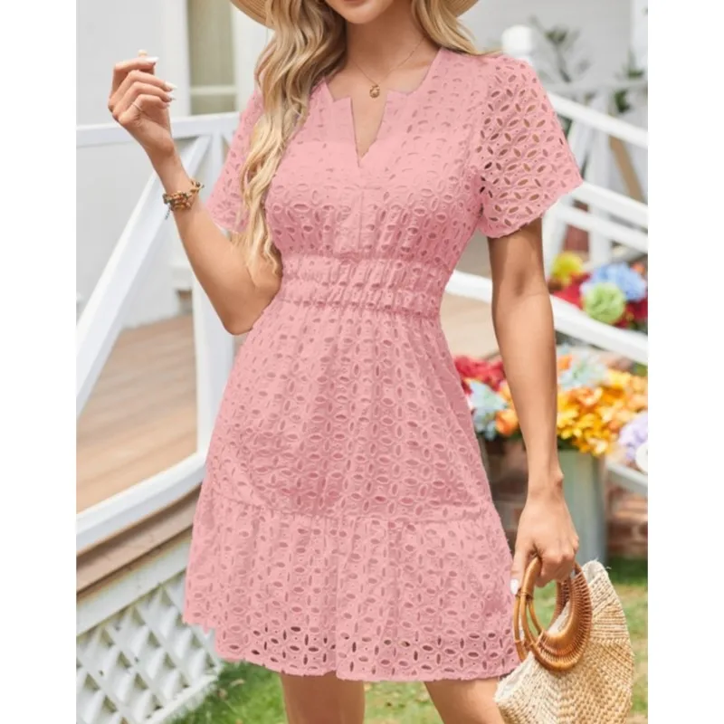 فساتين نسائية صغيرة على الموضة فستان دانتيل عتيق برقبة على شكل V وأكمام قصيرة وخصر مكشكش فساتين نادي حفلات الشاطئ #6