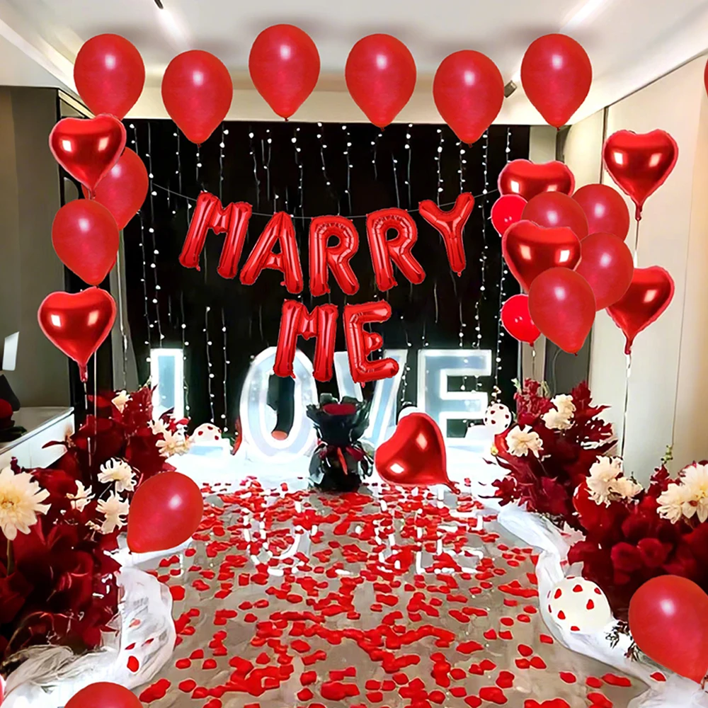 مجموعة بالونات حمراء للزواج مني، محاكاة بتلات الورد، بالون على شكل قلب، ديكور اقتراح اعتراف عيد الحب