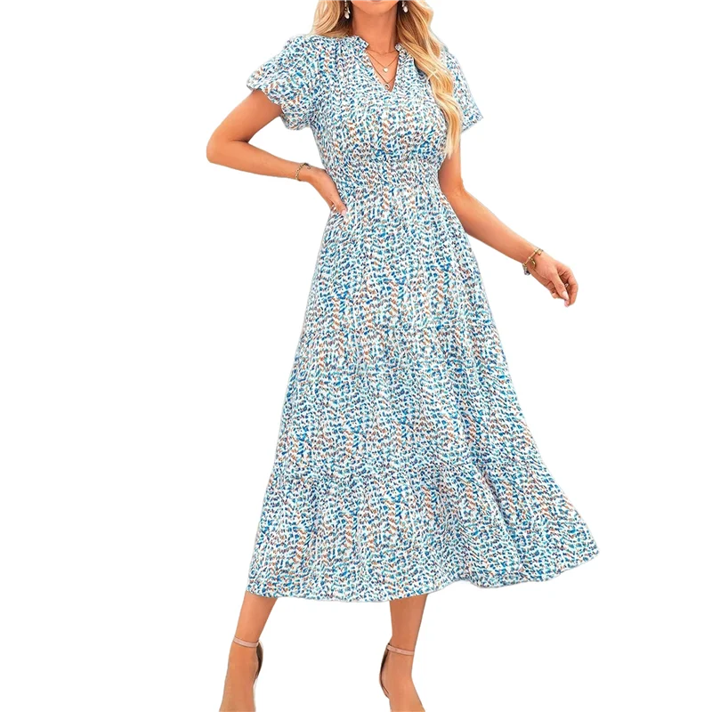 【SEE】Vestiti maxi estivi da donna 2025 Abito casual lungo floreale Boho con scollo a V e maniche corte a sbuffo