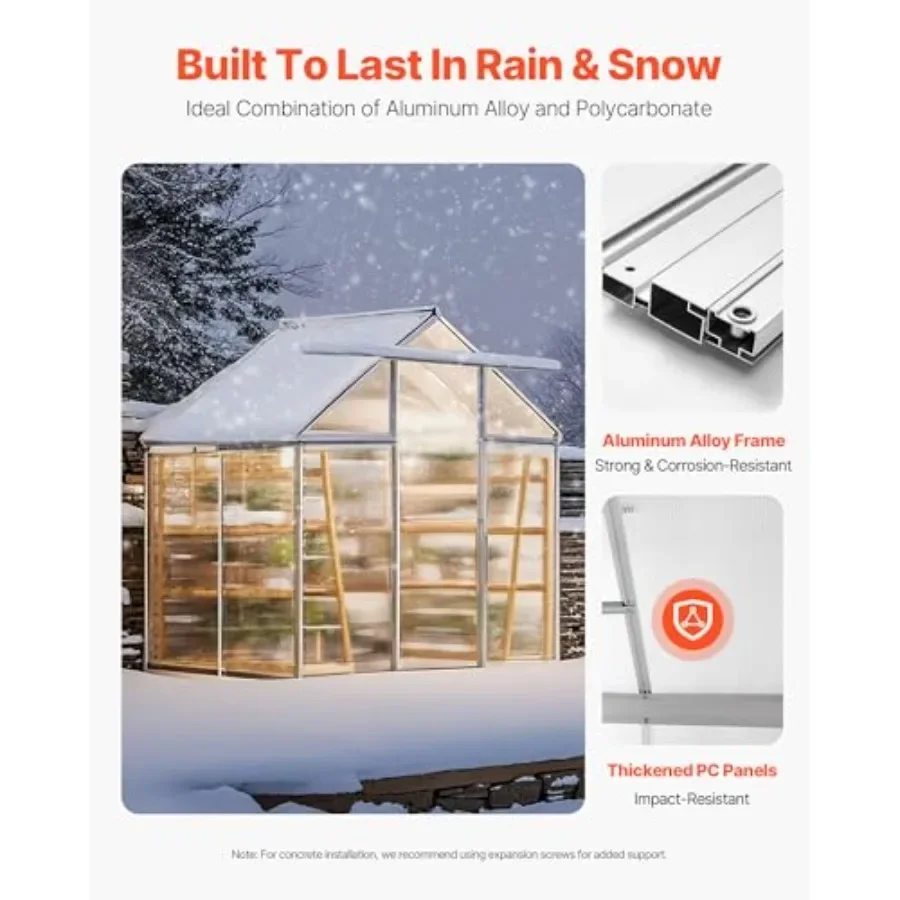 Outdoor greenhouse for gardening: polycarbonate panels, green color, adjustable vent windows and sliding door, aluminum frame,