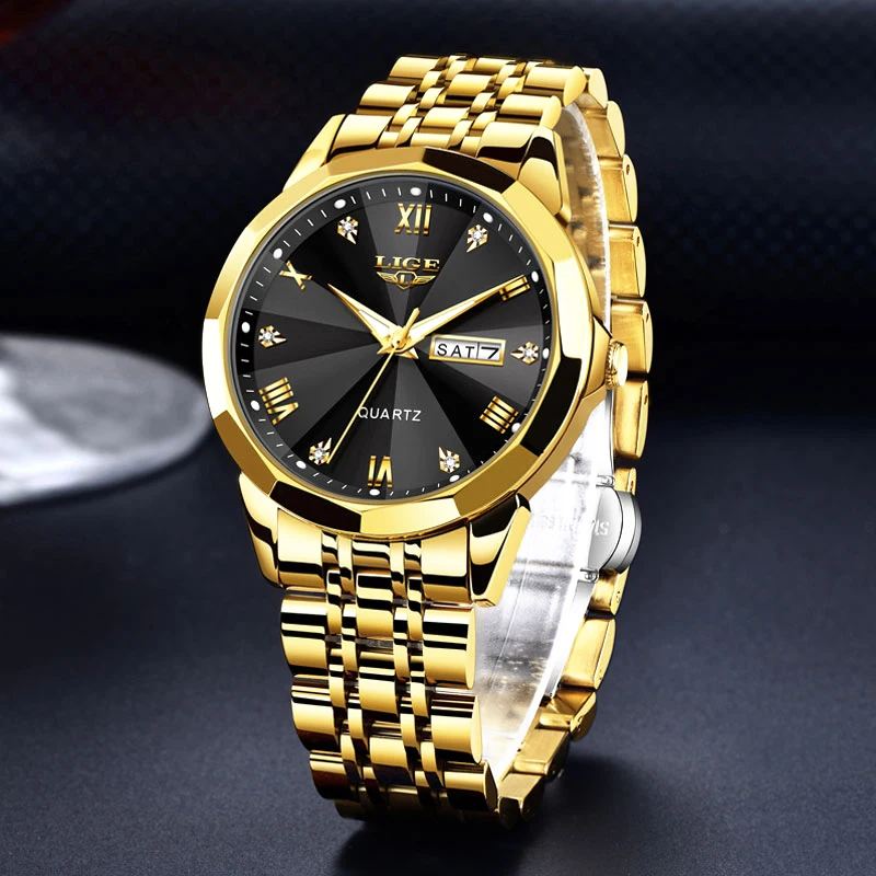 LIGE Women Watches Top Brand Luxury Gold Black Ladies Wrist Quartz Watch Stainless Steel Classic Bracelet Relogio Feminino+BOX