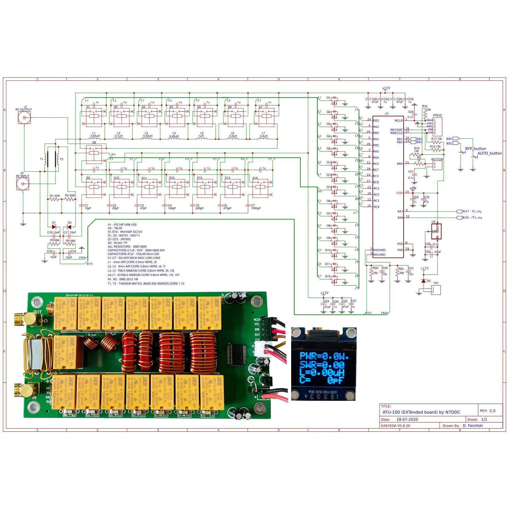 ATU-100 ATU100 1.8-50MHz DIY Kits Automatic Antenna Tuner by N7DDC 7x7 Firmware Programmed / SMT/ Chip Soldered/+OLED