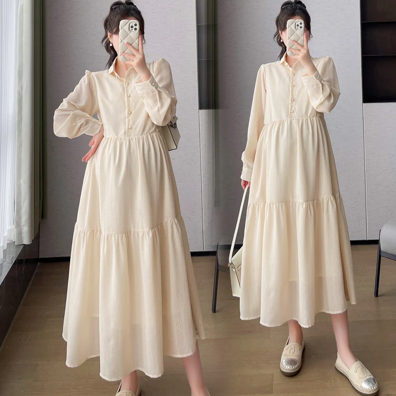 2024 Autumn Maternity Brief Dress Solid Color Long Sleeve Turn-down Collar Plus Size Pregnant Woman Elegant Chiffon Dress Beige